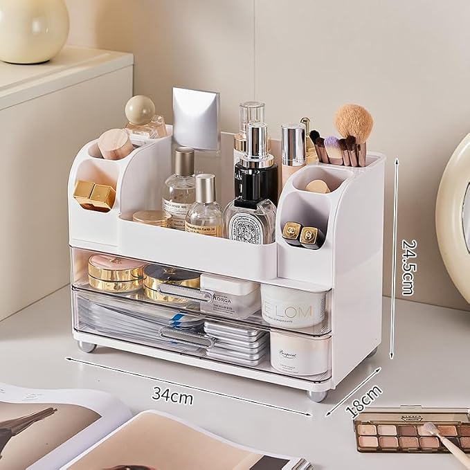 Makeup Organizer with 2 Drawers, Cosmetic Display Case, Storage Holder for Vanity, Bathroom Counter, Desk, Beauty Supplies (White)