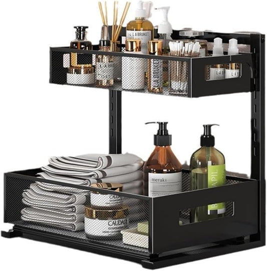 ONEUPIN Under Sink Organizer, 2 Tier Pull Out Cabinet Baskets, 1 Pcs Black | Multi-Purpose, Adjustable Height Design, Slide Out Storage Shelf, For Kitchen and Bathroom