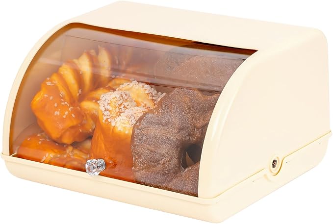 Gagee Bread Box for Kitchen Countertop,Acrylic Bread Storage Container for Homemade Bread,Cookies, Bagels, Muffins, Bread Holder with Roll Top Lid,Beige