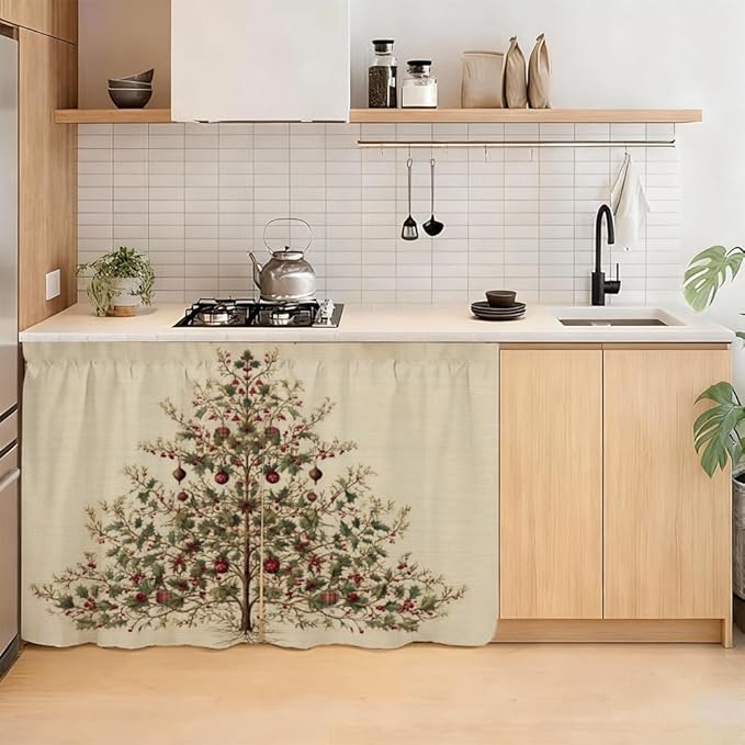 Self Adhesive Vintage Evergreen Tree Cabinet Curtain for Mother's Day, 39x28 Inch Rustic Pine Under Sink Skirt No Drill, Spring Cleaning Kitchen Decor, Hook and Loop Laundry Valance
