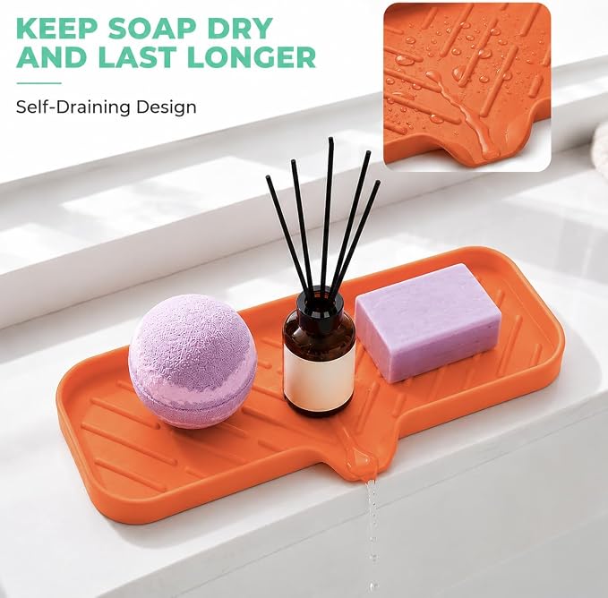 MicoYang Silicone Soap Dish with Drain Spout — Self-Draining Double Sink Organizer Tray for Kitchen & Bathroom, Dispensers, Sponges & Soap Holder, Non-Slip & Dishwasher Safe, Orange (Large, 12"×4")