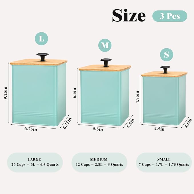 Kitchen Canisters Set of 3, Metal Flour Sugar Storage Containers with Airtight Lids-Canisters Sets for Kitchen with Customizable Chalkboard Labels & Marker Pen-Spice, Coffee Storage Jars(Blue)