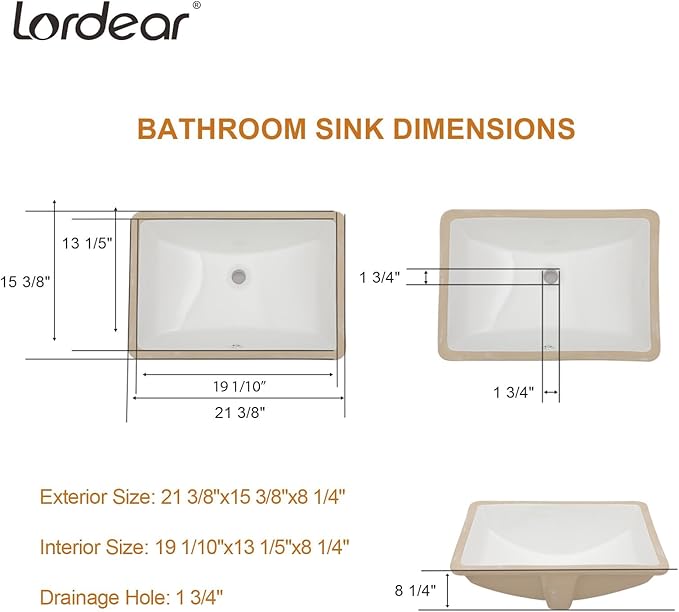 Lordear Undermount Bathroom Sink 21x15 Inch Bathroom Vanity Sink Undermount Rectangle White Porcelain Ceramic Bathroom Under Counter Lavatory Vanity Sink Basin with Overflow