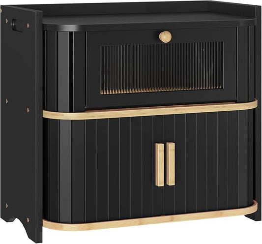 HOOBRO Bread Box, Bamboo Bread Box for Kitchen Countertop, 2 Tier Roll-Top Bread Bin, Food Storage Box, Bread Storage Container, for Kitchen, Dining Room, Black and Natural BK16MB01