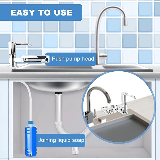 Soap Dispenser Pump for Kitchen Sink with Sponge Rack,Under Counter Sink Soap Dispenser Pump with 39" Extension Tube Kit,Fit for Kitchen Bathroom in Counter(Silver)