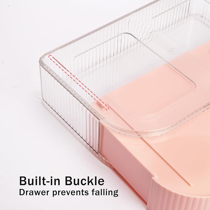 Makeup Organizer with Stackable Drawer and 360 Rotating Brush Holder, Cosmetic Storage Display, 11-inch Wide Beauty Counter, Pink, Large (Tray + 1 Drawer)