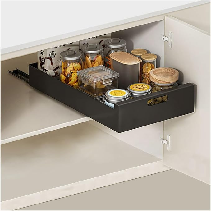 Pull Out Drawers for Cabinets 16.9"Deep, Slide Out Drawers for Kitchen Cabinets Adhesive Pull Out Cabinet Organizer, Cabinet Pull Out Shelves for Kitchen Bathroom and Pantry(Black,9.8"W)
