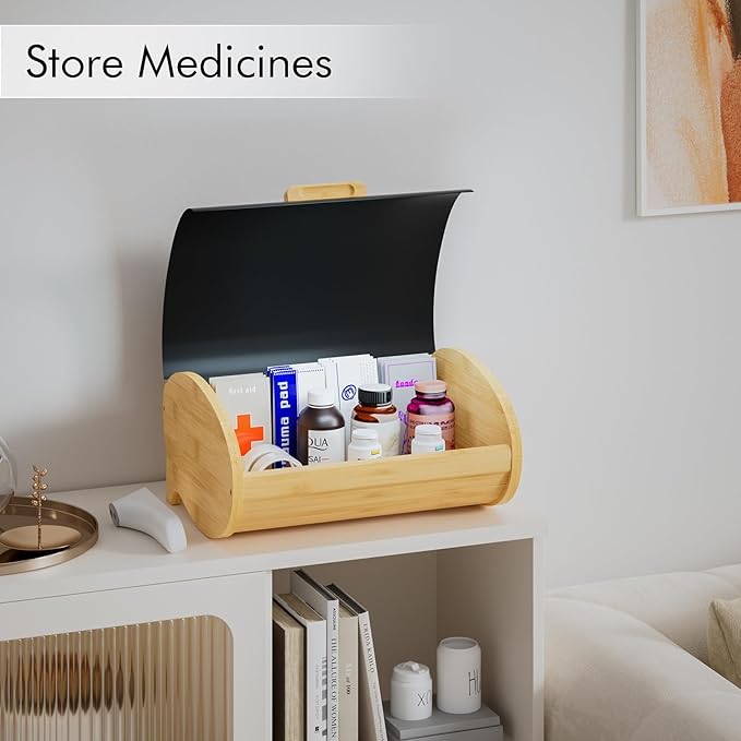 Modern Bread Box for Kitchen Countertop, Bamboo Storage Container with Stainless Steel Lid, Bread Storage Bin for Homemade Bread, Counter Organizer for Snack Tea Coffee Sugar (Black Large)