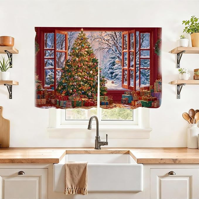 Self Adhesive Open Window View Cabinet Curtain for Mother's Day, 39x28 Inch Festive Tree Under Sink Skirt No Drill, Spring Cleaning Kitchen Decor, Hook and Loop Laundry Valance
