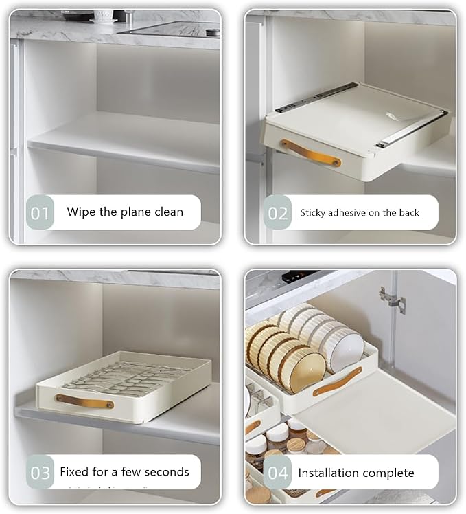 Pull Out Cabinet Organizer, Heavy Duty Slide Out Drawer, No Drill Pull Out Drawers, Sliding Pull-Out Pantry Shelves for For Cabinets, Roll out Shelf Storage for Kitchen Bathroom White（24cmW-48cmD）