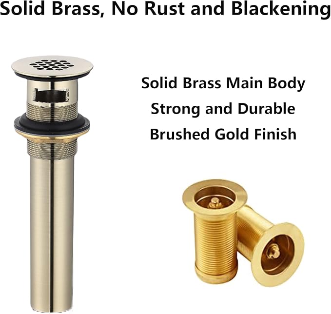Delle Rosa Brushed Gold Bathroom Sink Drain Strainer,Grid Drain Strainer Assembly with Overflow for Bathroom Sink, Vessel Sink Drain Made of Brass