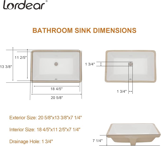 Lordear Undermount Bathroom Sink 21x13 Inch Bathroom Vanity Sinks Undermount Rectangle White Porcelain Ceramic Bathroom Under Counter Lavatory Basin with Overflow