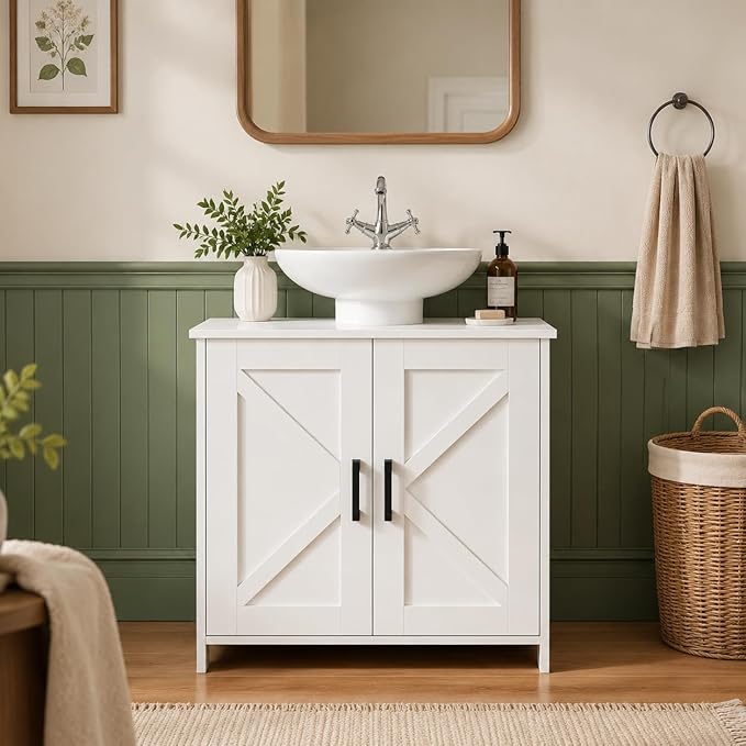 Pedestal Sink Storage Cabinet, Farmhouse Under Bathroom Sink Storage Cabinet with 2 Doors and Shelf, Pedestal Sink Organizer, 11.8" D x 23.6" W x 23.6" H, White