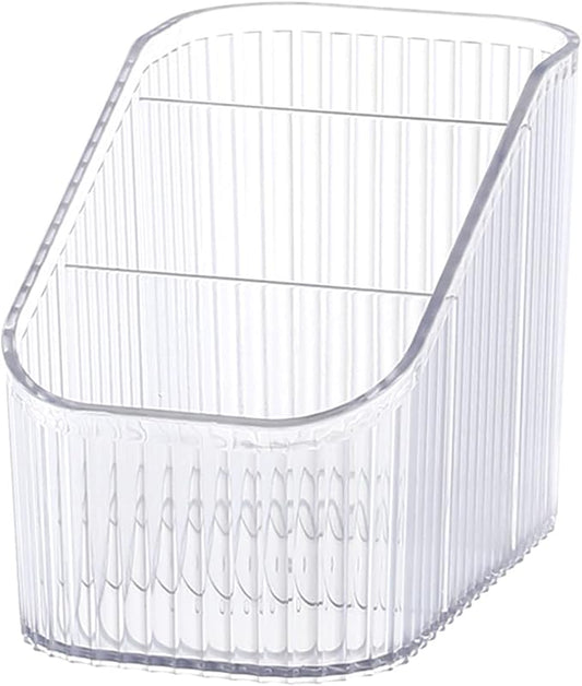 DASITON Large Capacity Makeup Brush Holder,3 Slot Makeup Brush Cup,Vintage striped Make Up Brush Holder,for Vanity Decor,Bathroom Countertops,Desk Storage Container,Cosmetic Display cases(Clear-S)