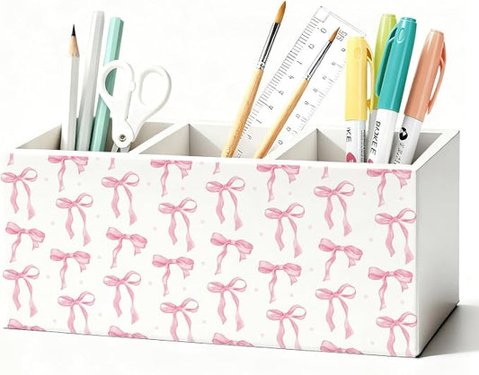 Pink Coquette Bow Pen Pencil Holder for Desk, Girly Office Decor, Preppy Pink Bow Aesthetic Wooden Box Sign Decorations for Girly Room Bedroom Dorm Office Desk Tabletop