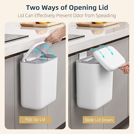 MUEE Compost Bin Kitchen for Counter Top or Under Sink, Hanging Small Trash Can with Lid [1.3 Gal/5L], Food Waste Bin, Mountable Garbage Can for Cupboard/Bathroom/Bedroom/Office/RV, Matte White