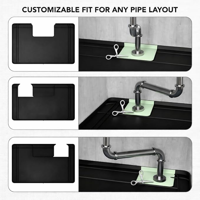 Premium Under Sink Mats for Kitchen Waterproof, 34" x 22" (Customizable to Smaller Sizes), Silicone Under Kitchen Sink Mat for Bathroom Cabinets (Black)