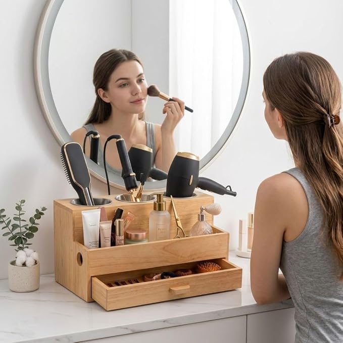 Hair Tool Organizer, Wooden | Bathroom Countertop, Heat-Safe Stainless Steel Cups, Professional Bamboo Styling Station