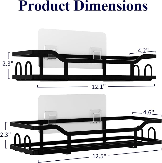 Kitsure Shower Caddy - 2 Pack, No Drilling Shower Organizer with 8 Hooks, Rustproof Stainless Steel Shower Shelf for Inside Shower, Wall Mounted Shower Rack for Bathroom, Kitchen, Black