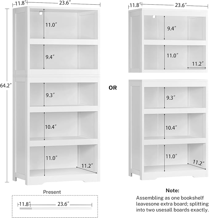 TEENFON 64.2" Bookcase, 5-Tier Open Bookshelves and Bookshelf, Freestanding Display Storage Shelves with Storage Cabinet for Bedroom, Living Room and Office