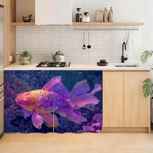 Self Adhesive Purple Goldfish Cabinet Curtain for Mother's Day, 39x28 Inch Underwater Fish Under Sink Skirt No Drill, Spring Cleaning Kitchen Decor, Hook and Loop Laundry Valance