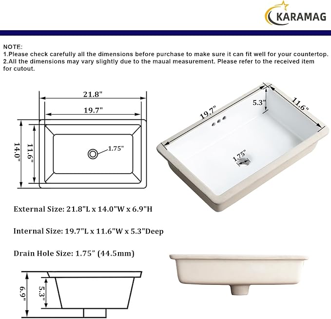 22 Inch Undermount Bathroom Sink Rectangle Undermount Sink White Ceramic Under Counter Bathroom Sinks with Overflow (21.8"x14.0")
