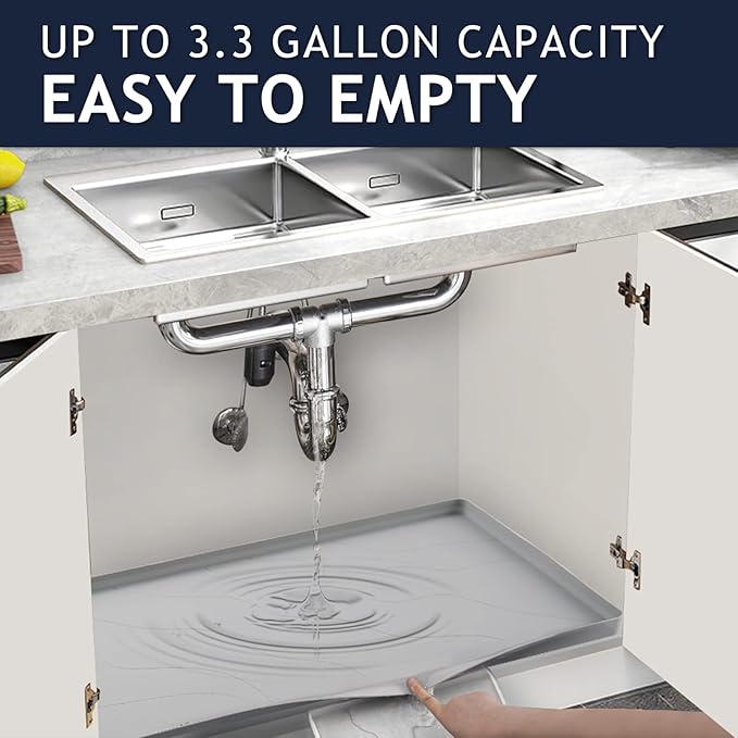 Heavy Duty Silicone Under Sink Mats for Kitchen Waterproof 25" x 22", Extra Thick Under Sink Rubber Mat Drip Tray, Raised Edge Under Sink Liner,Prevent Drips, Leaks, Spills,Grey