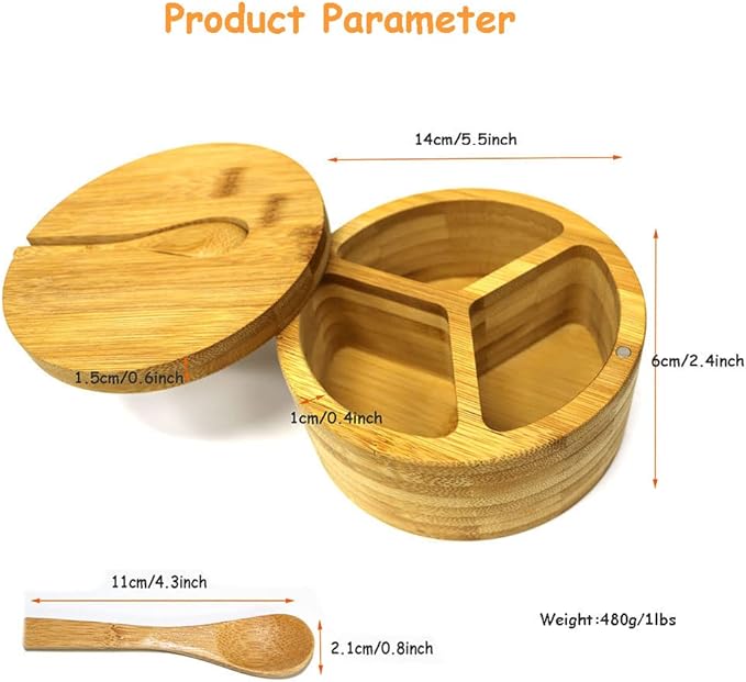 Bamboo Salt and Pepper Box, 3 Compartment Salt and Pepper Cellar With Lid and Spoon,Spice Condiment Container for Kitchen Countertop