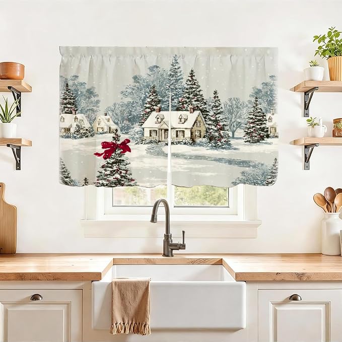 Self Adhesive Vintage Cottage & Pine Cabinet Curtain for Mother's Day, 39x28 Inch Farmhouse Manor Under Sink Skirt No Drill, Spring Cleaning Kitchen Decor, Hook and Loop Laundry Valance