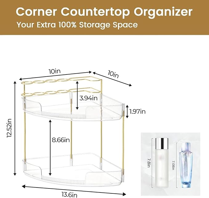 FELIZHOUSE 2-Tier Makeup Organizer for Vanity & Bathroom Countertop – Acrylic Storage Shelf with Perfume Tray & Makeup Brush Holder, Tool-Free Installation, Design for Bathroom & Dresser - Grey