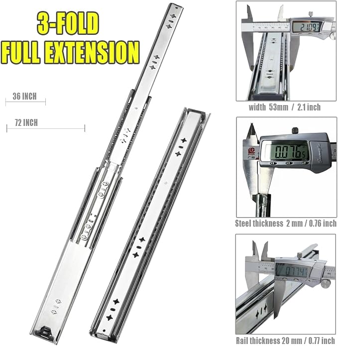 Heavy Duty 36" Drawer Slides, Full Extension Ball Bearing, 300LB | 53MM Width, 3-Fold Design, Side Mount, Smooth & Quiet Operation, for Cabinets, Drawers, Workbenches