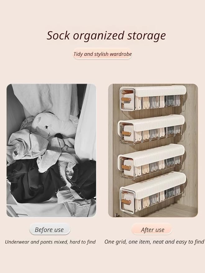 2 PCS No-Drill Wall Mount Underwear Organizer - Clear Drawer with Removable Dividers for Closet, 6-Slot Hanging Storage for Socks, Bras, Panties, Smooth Gliding & Space Saving (Grey/Transparent)