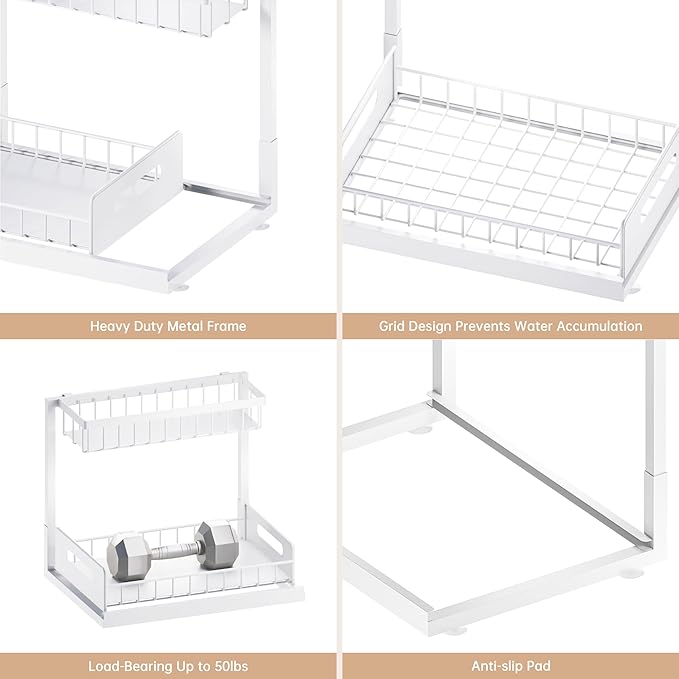 Under Sink Organizer and Storage 2 Pack, Slide Out Cabinet Organizer, Pull Out Sink Shelf for Kitchen Bathroom Laundry, White