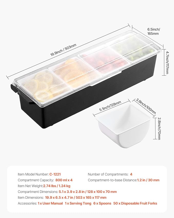 VEVOR Chilled Condiment Server, 4 Compartment Ice Cooled Condiment Serving Container, Chilled Garnish Tray Bar Caddy with Lid, for Bartending & Serving Taco, Salad, Fruit, Home & Restaurant Supplies