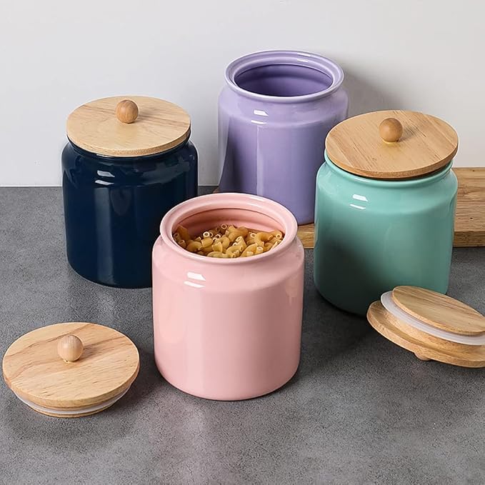 Sweejar Ceramic Kitchen Canisters, 28 FLOZ Porcelain Food Storage Jar with Airtight Seal Wooden Lid, Home Container Serving for Coffee Beans, Tea-leave, Sugar, Salt and More, Tool Bucket (Gray)