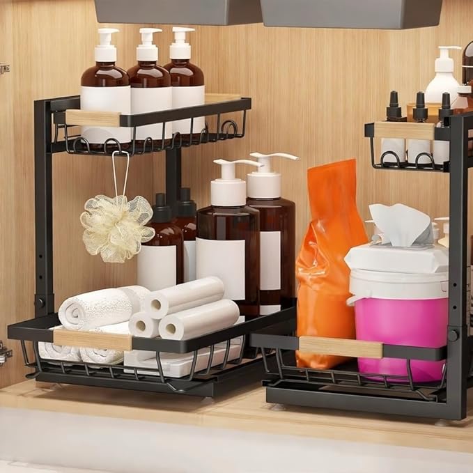 Expandable 2-Tier Under-Sink Organizer with Sliding Drawer – Adjustable Cabinet Storage Rack for Kitchen, Bathroom, Pantry, Heavy Duty Metal – Luxury Remedy
