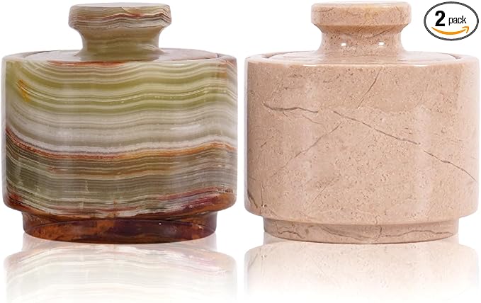 MARBLOUS KRAFTS Marble Salt Cellar with Lid 3" Inch Green Onyx and Verona Salt Holder, Ideal for Sugar, Salt, and Pepper Bowls, Perfect for Kitchen Storage and Countertop, Gift for Mom