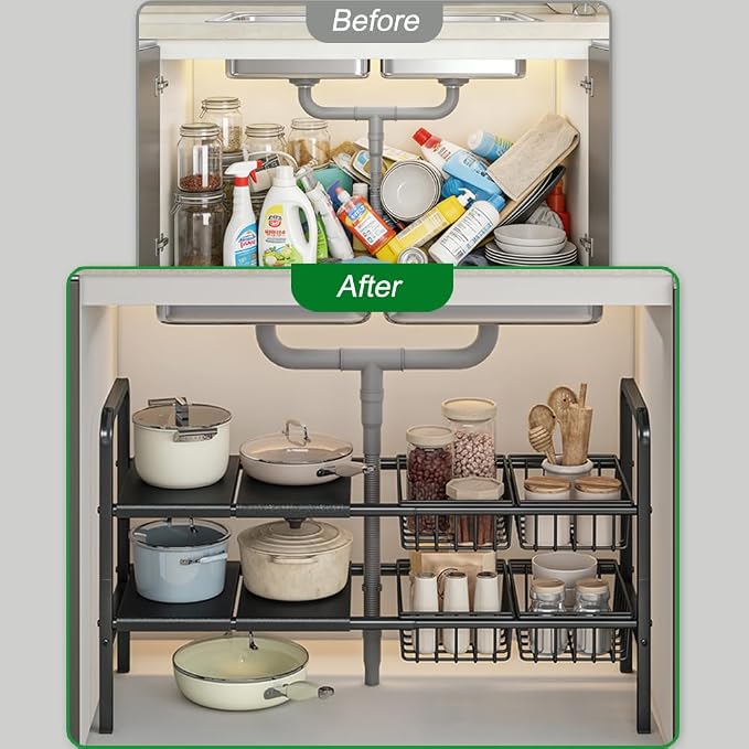 Under Sink Organizer and Storage 2 Tier Expandable Shelves Kitchen Cabinet Crganizers with 4 Baskets and 4 Panels for Bathroom Counter shelf Pantry