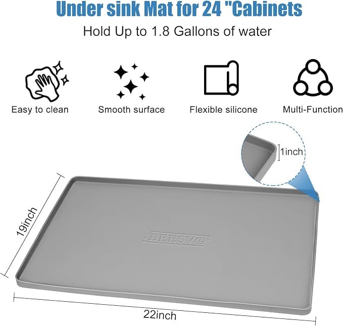 BEESVO Under Sink Mat for Kitchen Waterproof, 22" x 19" Silicone Under Sink Liner Kitchen & Bathroom Cabinet Protector Mats, Heavy Duty Flexible Under Sink Drip Tray with Lip, Cool Grey
