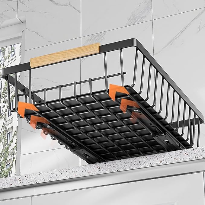 Takywep Pull Out Cabinet Organizer No Drill Adhesive Sliding Mesh Basket with Smooth Glide Under Sink Drawer for Kitchen Pantry Bathroom Storage