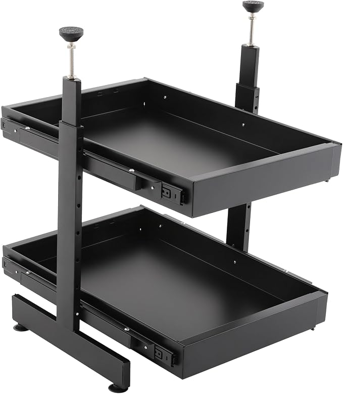 Cabinet Drawers Slide Out, 2 Tiers Expandable Pull out Cabinet Organizer No-Drilling, Slide out Drawers for Kitchen Cabinets Bathrooms, Laundry Rooms, Garages (Black)