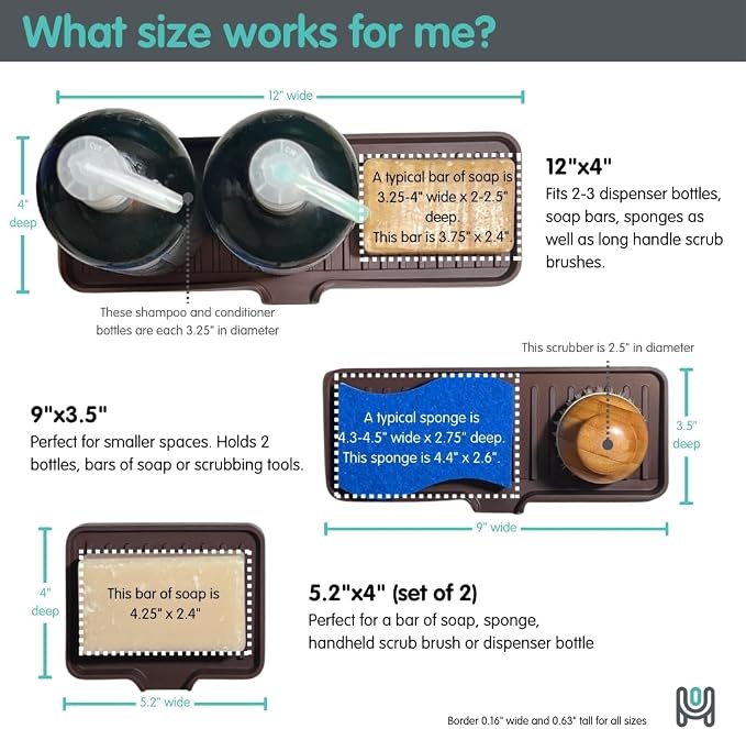 Silicone Soap Dish Tray and Sponge Holder with Drain Chute, Rectangular, Kitchen and Bathroom Sink Organizer (Sand Dollar, 12"x4")