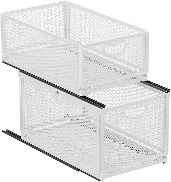 Pull Out Drawers for Cabinets Stackable or Single, Pull Out Cabinet Organizer Adhesive, Cabinet Drawers Slide Out, Extra Rails, for Sink Pantry Shelve