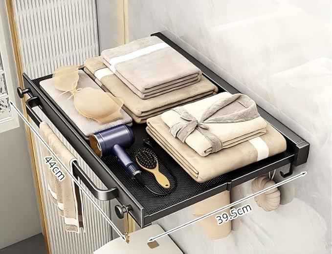 Foldable Pull-Out Cabinet Drawer Organizer, Under Sink Slide-Out Storage Shelf with Hooks, No Drill Installation for Kitchen, Bathroom, Pantry and Home Organization (with Towel Bar)