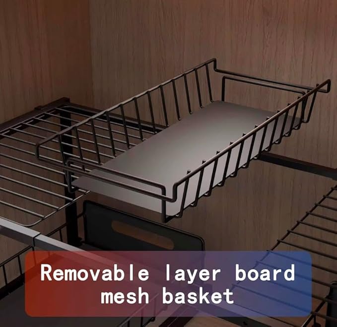 2-Tier Under Sink Slide-Out Storage Organizer, Metal Pull-Out Cabinet Drawer for Kitchen & Bathroom (Black)