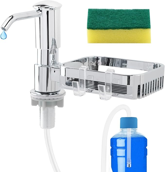 Soap Dispenser Pump for Kitchen Sink with Sponge Rack,Under Counter Sink Soap Dispenser Pump with 39" Extension Tube Kit,Fit for Kitchen Bathroom in Counter(Silver)