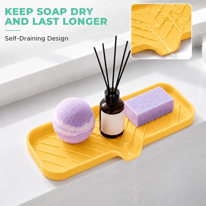 MicoYang Silicone Soap Dish with Drain Spout — Self-Draining Double Sink Organizer Tray for Kitchen & Bathroom, Dispensers, Sponges & Soap Holder, Non-Slip & Dishwasher Safe, Yellow (Large, 12"×4")
