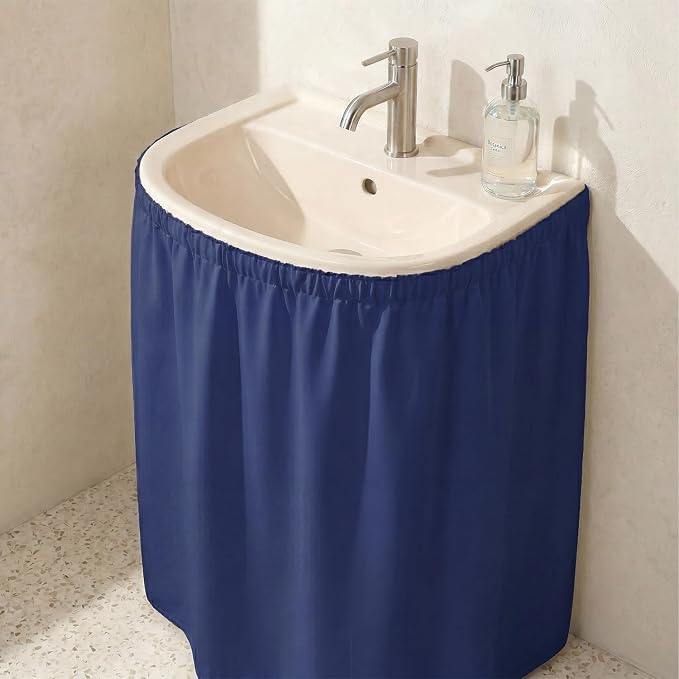 Sink Skirt Bathroom, Self Stick Adhesive Waterproof Fabric, Under Sink Curtain Skirt, Pedestal Sink Accessories Decor, Bathroom Storage Decor(Blue)
