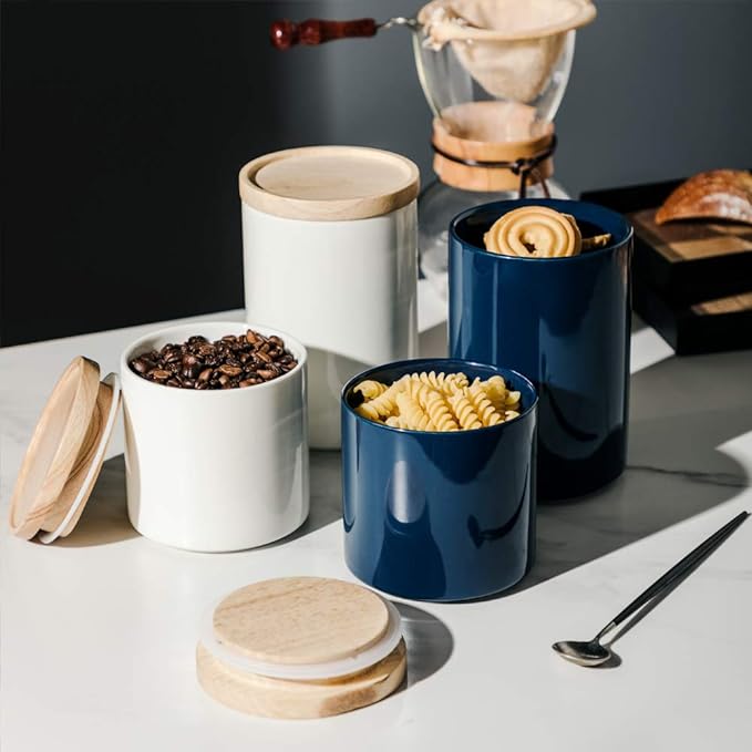 Sweejar Kitchen Canisters Ceramic Food Storage Jar, Stackable Containers with Airtight Seal Wooden Lid for Serving Ground Coffee, Tea, Sugar, Salt and More - 28 Fl Oz (Navy)