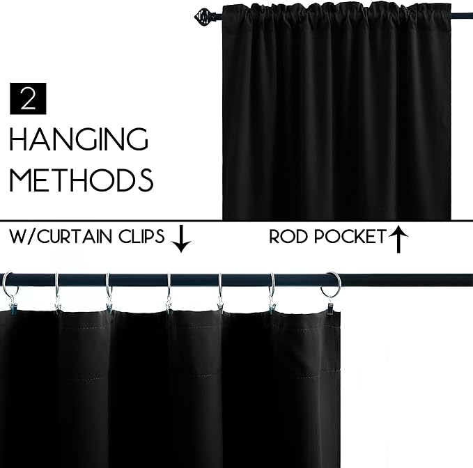 KOUFALL Cabinet Curtains 30 Inch Length,Blackout Cafe Curtains for Small Window Under Kitchen Sink Black